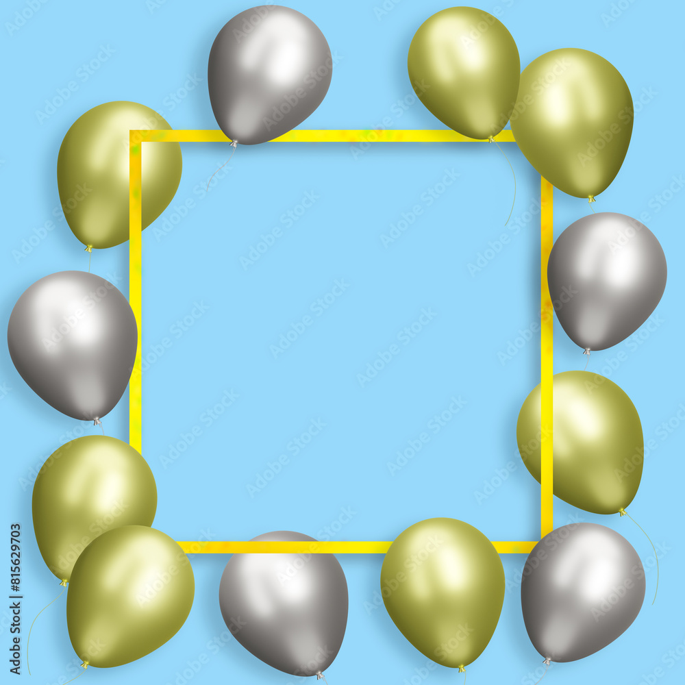 Poster Golden frame with gold and silver balloons on blue background. Empty space for text. 3d rendering