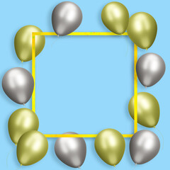 Golden frame with gold and silver balloons on blue background. Empty space for text. 3d rendering