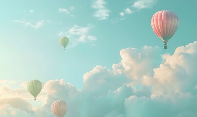 Obraz premium air balloons in pastel colors floating in a cloudy sky, Generative AI