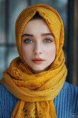 Portrait of pretty young muslim woman in head scarf. Portrait closeup of muslim prayer woman 20s in yellow hijab