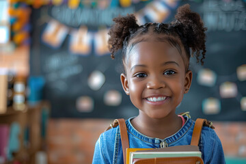 childhood, school and education concept - happy little african american girl with book and backpack over classroom background