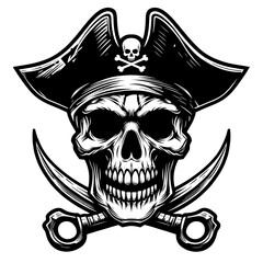 Fototapeta premium Black and white cartoon Pirate skull Vector SVG Generative AI