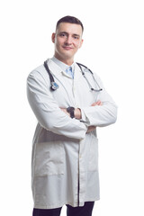Man in Business. Portrait of Caucasian Professional Confident Male GP Doctor Posing in Doctor Smock And Endoscope with Hands Folded