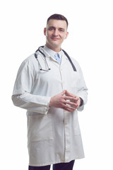 Man in Business. Portrait of Caucasian Professional Confident Male GP Doctor Posing in Doctor Smock And Endoscope