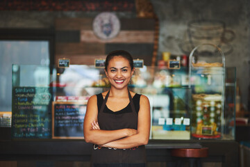 Coffee shop, small business or portrait of happy woman with arms crossed in startup or restaurant...