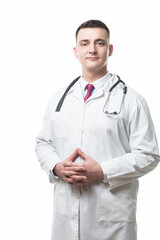 Caucasian Professional Confident Male GP Doctor Posing in Doctor Smock And Endoscope Over White Looking Straight.