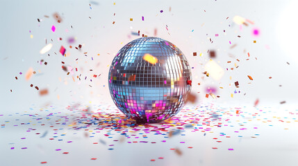 3D rendering of a disco ball with sparkles and confetti, set against a clean white background