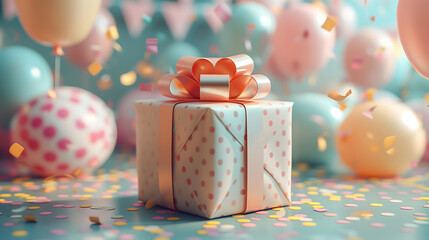 3D rendering of a wrapped gift box with a ribbon, placed among other party decorations like balloons and banners, symbolizing gift-giving and celebration