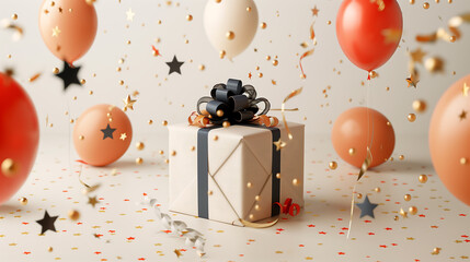 3D rendering of a wrapped gift box with a ribbon, surrounded by balloons and stars on a white background