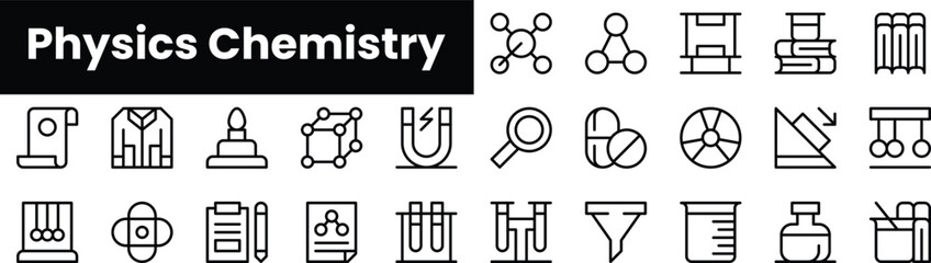 Set of outline physics chemistry icons. Minimalist thin linear web icon set. vector illustration.