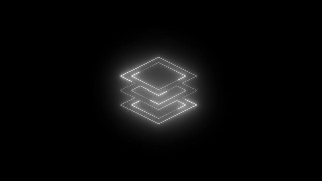 Neon glowing white color map layers icon on black background animation