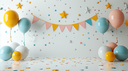 3D rendering of a party banner with hanging decorations like stars and balloons, set against a white background