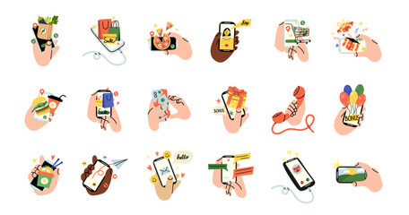 Hand hold smartphone. Mobile photo camera. Send message online. Devices in fingers, food delivery, sale and discount, video call and chat. Cartoon flat style isolated vector gadget illustration set