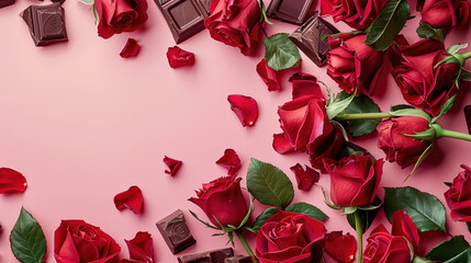 Full of roses and chocolate, copy space for text with soft pink background.