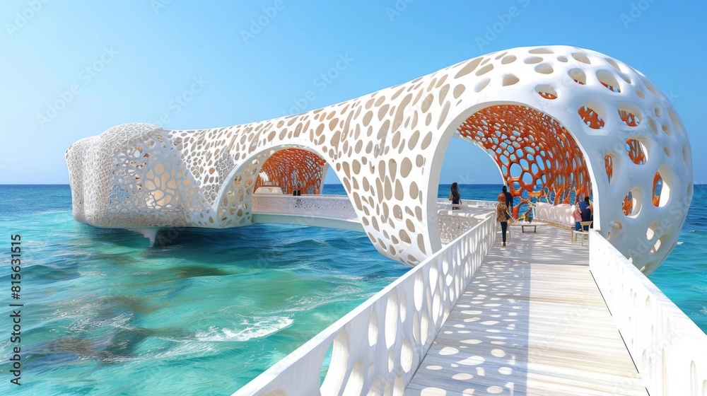 Wall mural Illustrate a futuristic bridge spanning the oceans expanse, its elegant design incorporating advanced materials and technologies for stability and durability.