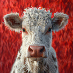 A cow in hyper-realistic 3D on a red background