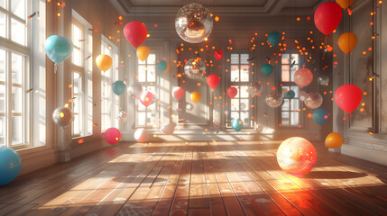 3D rendering of a room filled with party decorations like hanging lanterns, balloons, and a disco ball, capturing the essence of a joyous celebration