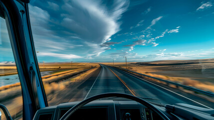 View of the road from the driving position of a truck of a landscape with clouds : Generative AI
