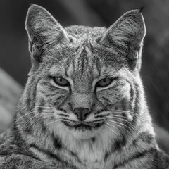 Black and white portrait of a bobcat.