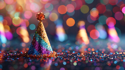 close-up 3D rendering of a sparkling party hat with glitter and vibrant colors, symbolizing fun and celebration