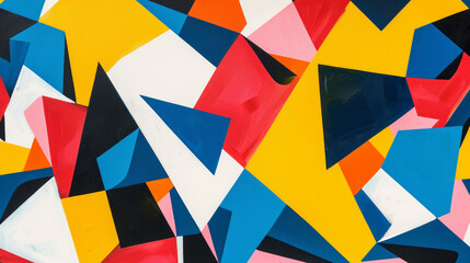 Bold, angular shapes in primary colors, arranged in a striking and modern abstract design on a white background.