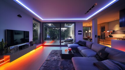 Design a contemporary living room haven with a sectional sofa, a sleek TV console, and LED strips accentuating the