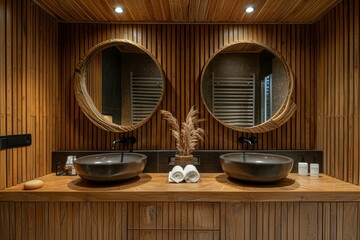 A bathroom with a wooden wall and a mirror