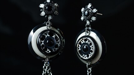 A black and silver necklace with circular pendants each containing a raised silver star on a black background.