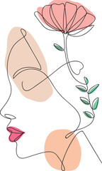 Modern one line art design of a woman face. Poster, card vector design. hand drawn illustration.