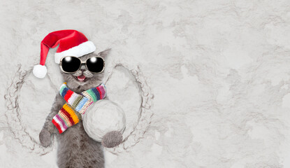 Happy cat wearing red santa hat,sunglasses and knitted scraf holds big snowball while lying on...
