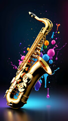 Fototapeta na wymiar Saxophone with colorful drops and splash in the background