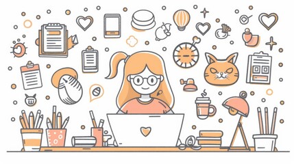 A home office with freelance doodles. Young woman working with laptop, coffee cup, office supply icons. Distant outsourced job, business, girl freelancer, modern illustration with line art.