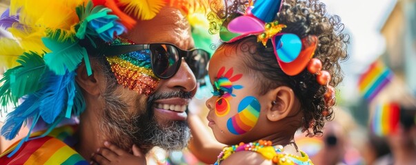 Father helping his child dress up for a Pride parade, costume and makeup with rainbow colors, exciting and playful