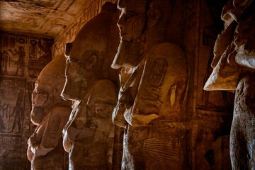 Interior of the Abu Simbel temple with the detail of pharaonic statues.
