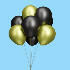 Bunch of black and gold balloons. isolated on blue background. 3D rendering