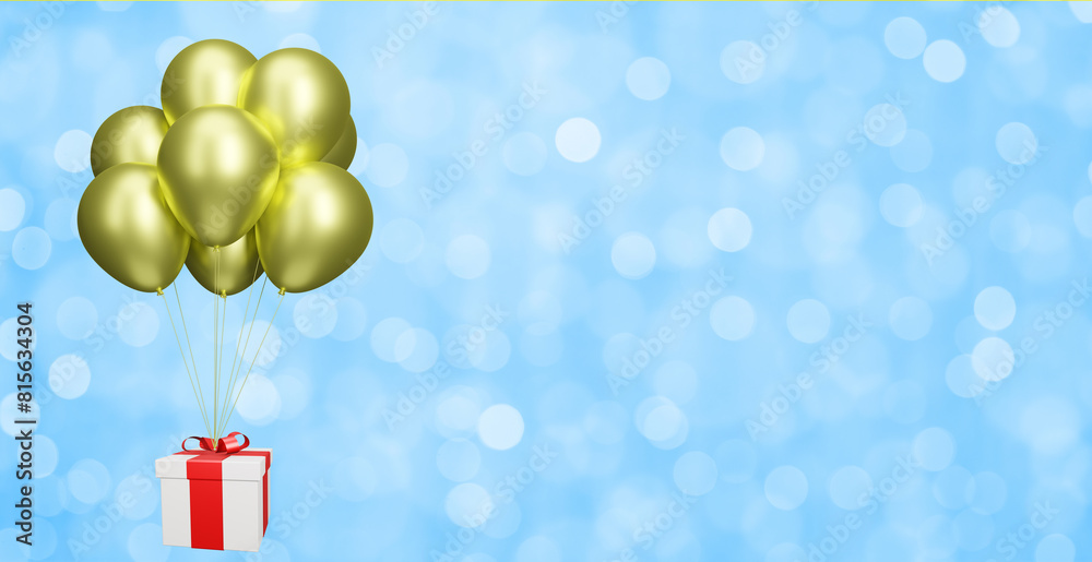 Poster flying gift box with yellow balloons on blurred blue background. empty space for text. 3d rendering