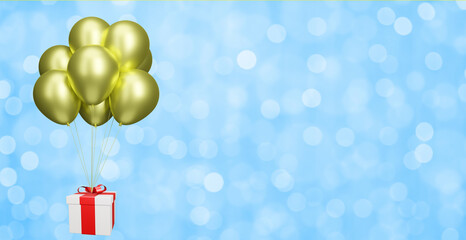 flying gift box with yellow balloons on blurred blue background. Empty space for text. 3d rendering