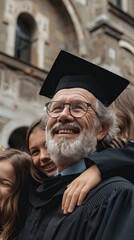 Joyful elderly academic celebrating graduation with happy young students