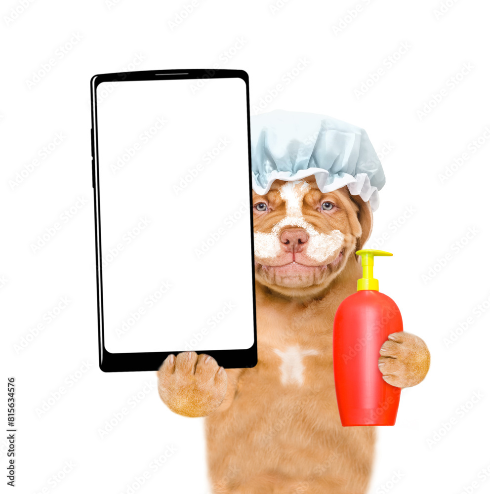 Poster smiling mastiff puppy with shower cap on it head, with pieces of cucumber on it eyes and with cream 