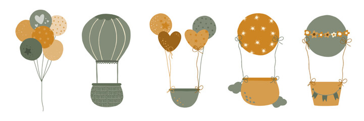 Five balloons for children's design. Illustration of bed tones. Cute animal free balloons with ribbons and flags.