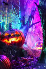 Neon Halloween Night.  Generated Image.  A digital rendering of a scary, spooky neon colored Halloween night.
