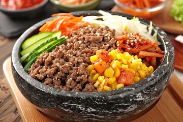 Stone bowl bibimbap with fresh vegetables and ground beef
