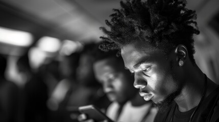 Document the multitasking culture of urban life with images of people juggling smartphones and other devices while navigating crowded subway