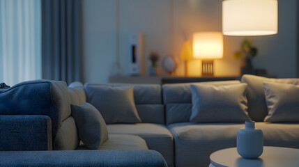 Fototapeta premium Interior of stylish living room with grey sofas and glowing lamps at evening : Generative AI