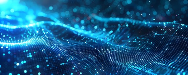 Futuristic digital wave technology banner background with neon blue vibrant lights and geometric patterns