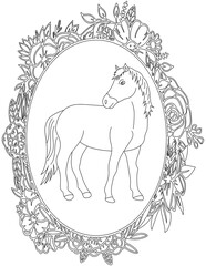 Obraz premium Horse in A Floral Frame Coloring Page. Printable Coloring Worksheet for Kids. Educational Resources for School and Preschool.