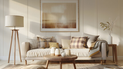 Obraz premium Domestic and cozy interior of living room with mock up poster frame modern beige sofa oval wooden coffee table round pillows braided plaid vintage rug wooden floor lamp and personal ac : Generative AI