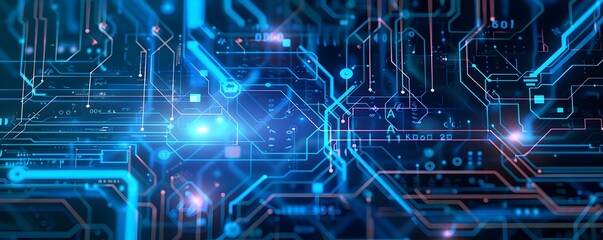 Obraz premium A captivating futuristic digital technology abstract background dominated by a brilliant blue hue, adorned with intricate neon lines, geometric patterns and Electronic circuit board lines