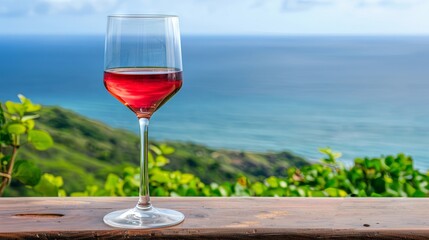 Serene ocean view with a glass of red wine on a wooden table