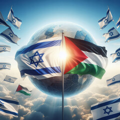 Israeli and palestinian flags in the wind, symbolizing hope for peace in the middle east